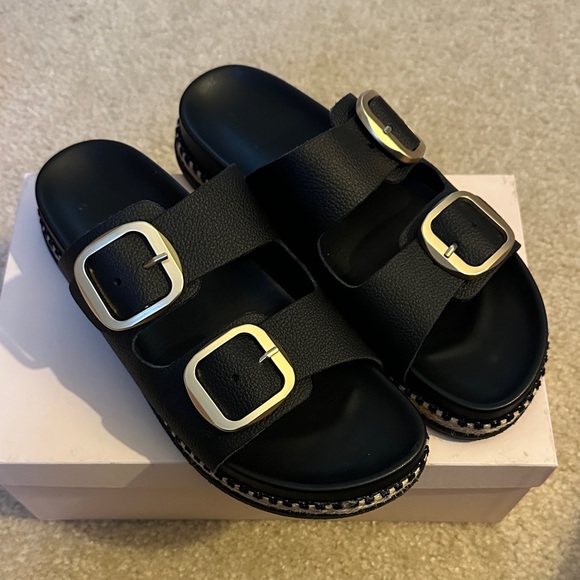 Mila Paoli Black Sandals with Gold Buckles - Picture 1 of 4